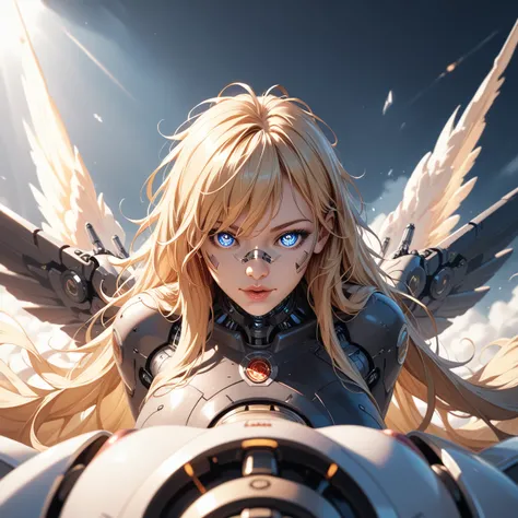 blonde hair, messy hair, very long hair, pov, atmospheric perspective, 8k, super detail, best quality, cinematic lighting, masterpiece, Mechanical body, black steel body parts, large wings growing from its back, detailed face, detailed eyes