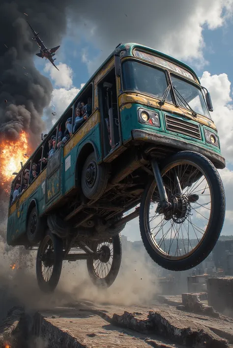  Create a bus riding a bicycle while an explosion occurs and in the sky there are warplanes passing by 