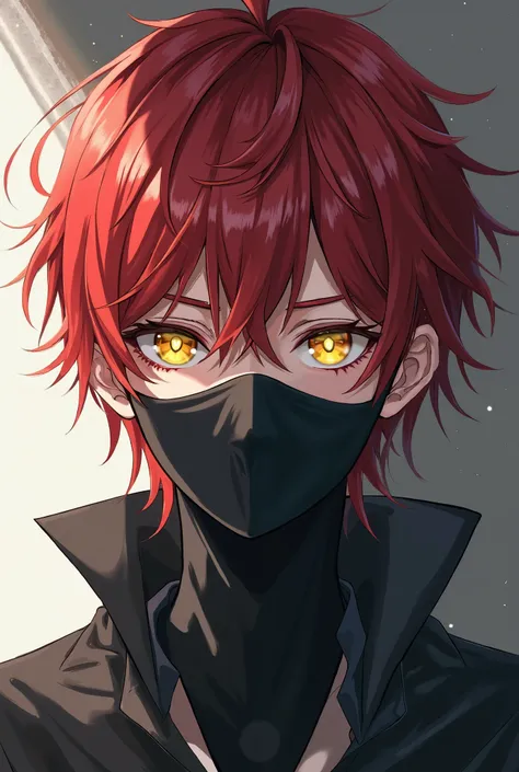 Anime boy with reddish white hair and yellow eyes, pale skin and black mask. 