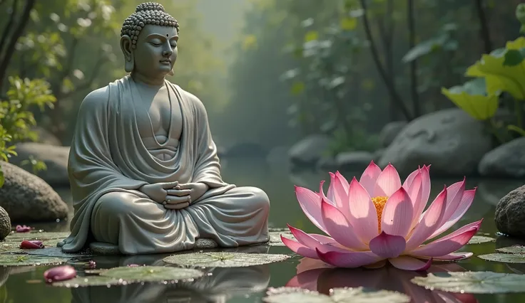 realistic photo, buddha sits in lotus position and meditates, huge lotus flower blooms near him