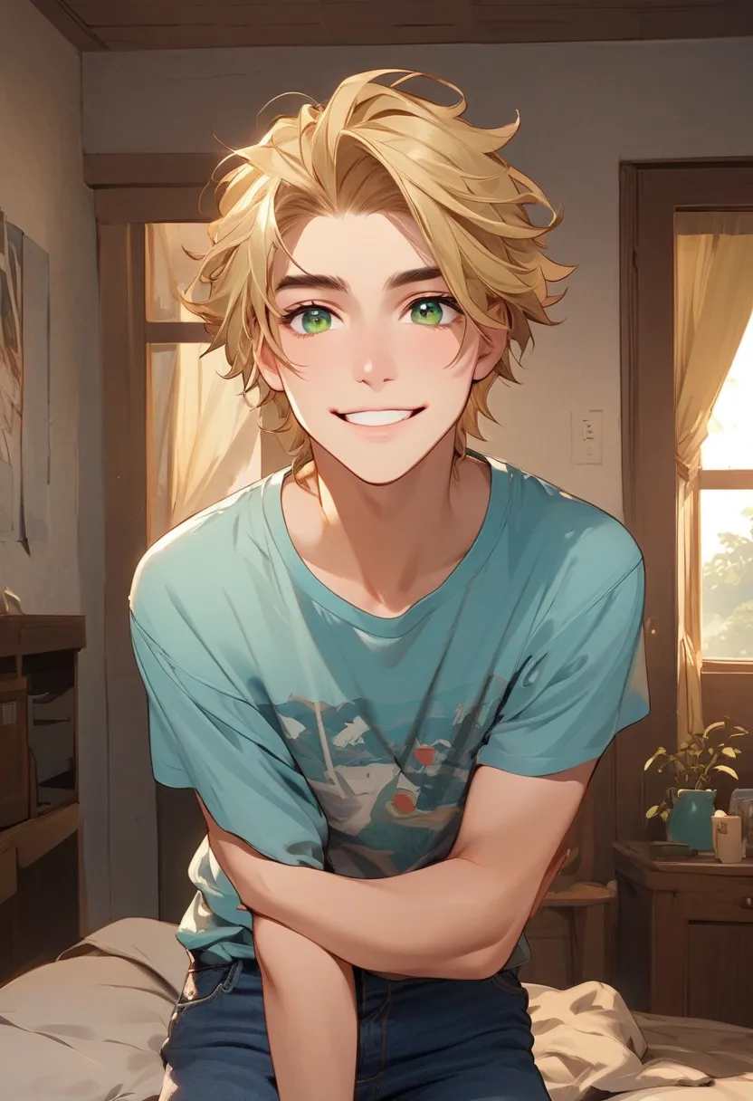 Iago Montenegro:
"A young Brazilian man named Iago Montenegro, around 21 years old, with short blonde hair, green eyes, and a bright, charismatic smile. He is wearing a casual outfit with a playful T-shirt and jeans, exuding a relaxed and friendly vibe. Hi...