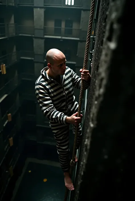 masterpiece, 8k, UHD fullbody photo of a 18 years old bald barefoot convict clad in very dirty black and white horizontally striped prisonjumpsuit escaping prison by climbing down a very thick rope, anatomical correct climbing position, convict holding the...