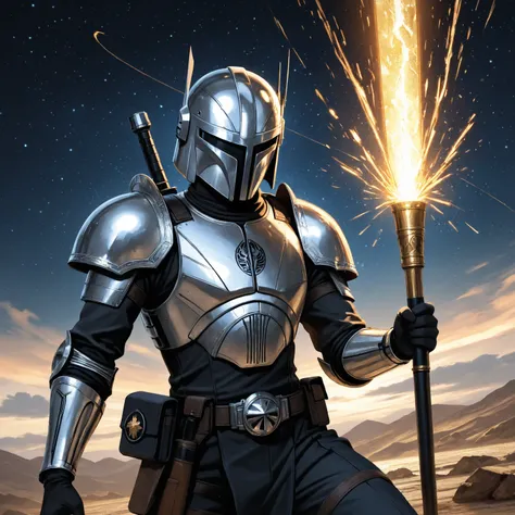 "A book cover featuring a striking, stylized Mandalorian helmet at the center. The helmet is sleek and intricately etched with designs that hint at ancient tradition and advanced technology. The background is a cosmic, star-strewn sky that fades into a tex...