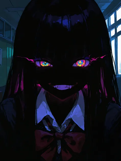 (best quality), best resolution, polished, detailed, school, 1girl, school uniform, crazy, beautiful girl, lewd smirk, fangs, small breasts, colorful hair, long hair, (messy hair:0.6), colorful eyes, glowing eyes, (detailed eyes), 4k, best quality shadows,...