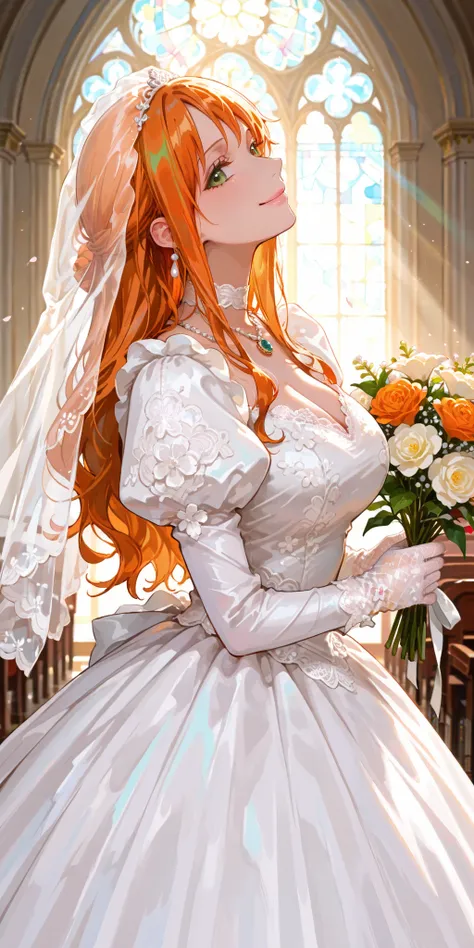 masterpiece, absurdres, newest, best quality, amazing quality, very aesthetic, beautiful woman, Nami, one piece, orange hair, long hair, beautiful green eyes, looking at viewer, smile, wedding dress, lace trim, choker, necklace, long dress, lace gloves, ju...