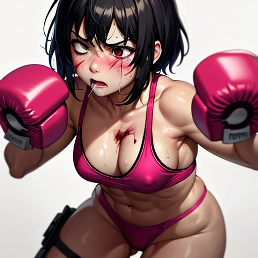 (((She wipes the blood from her mouth with one hand))), (((she is too exhausted, groggy))). (((out of breath))), (((Her mouth is wide open))). (((bloody))) cute Japanese (((girl fighter))) is fighting in the octagon fighting ring of underground arena. Afte...