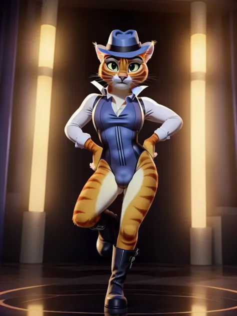 Puss in Boots, DreamWorks Animated, Half-Suit Leotard, ((Wearing a fedora hat with a yellow feather)), 3:1 Hip to leg ratio