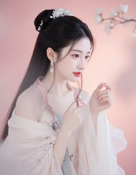 1girl, solo, long hair, black hair, hair ornament, long sleeves, pink background, dress, jewelry, upper body, flower, earrings, hair flower, hair bun, blurry, from side, chinese clothes, single hair bun, shawl, branch, red lips, hanfu