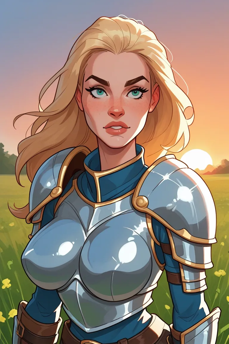 score_9, score_8_up, score_7_up, score_6_up, score_5_up, score_4_up, half body, blonde woman, warrior woman, enormous natural tits, skimpy armor, location is a field of barley, sunset