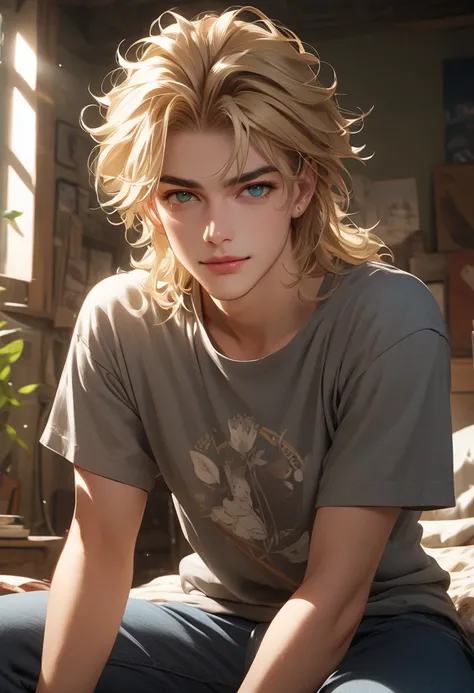 Iago Montenegro:
"A young Brazilian man named Iago Montenegro, around 21 years old, with short blonde hair, green eyes, and a bright, charismatic smile. He is wearing a casual outfit with a playful T-shirt and jeans, exuding a relaxed and friendly vibe. Hi...