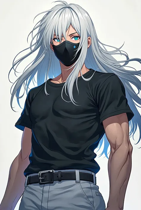 A slightly long character with a mask, white hair that reaches to his shoulders like in the anime My hero academia, muscular and tall, blue eyes, on his face he wears a black T-shirt and white pants like Jujutsu kaisen 