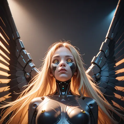 blonde hair, messy hair, very long hair, pov, atmospheric perspective, 8k, super detail, best quality, cinematic lighting, masterpiece, Mechanical body, black steel body parts, large wings growing from its back, detailed face, detailed eyes