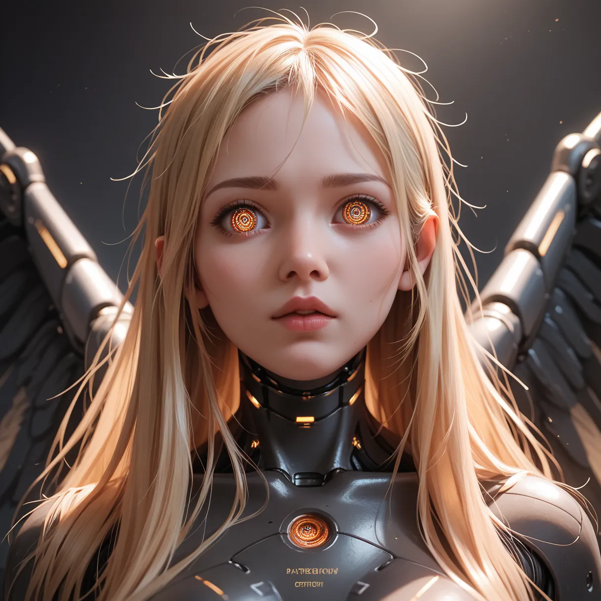 blonde hair, messy hair, very long hair, pov, atmospheric perspective, 8k, super detail, best quality, cinematic lighting, masterpiece, Mechanical body, black steel body parts, large wings growing from its back, detailed face, detailed eyes