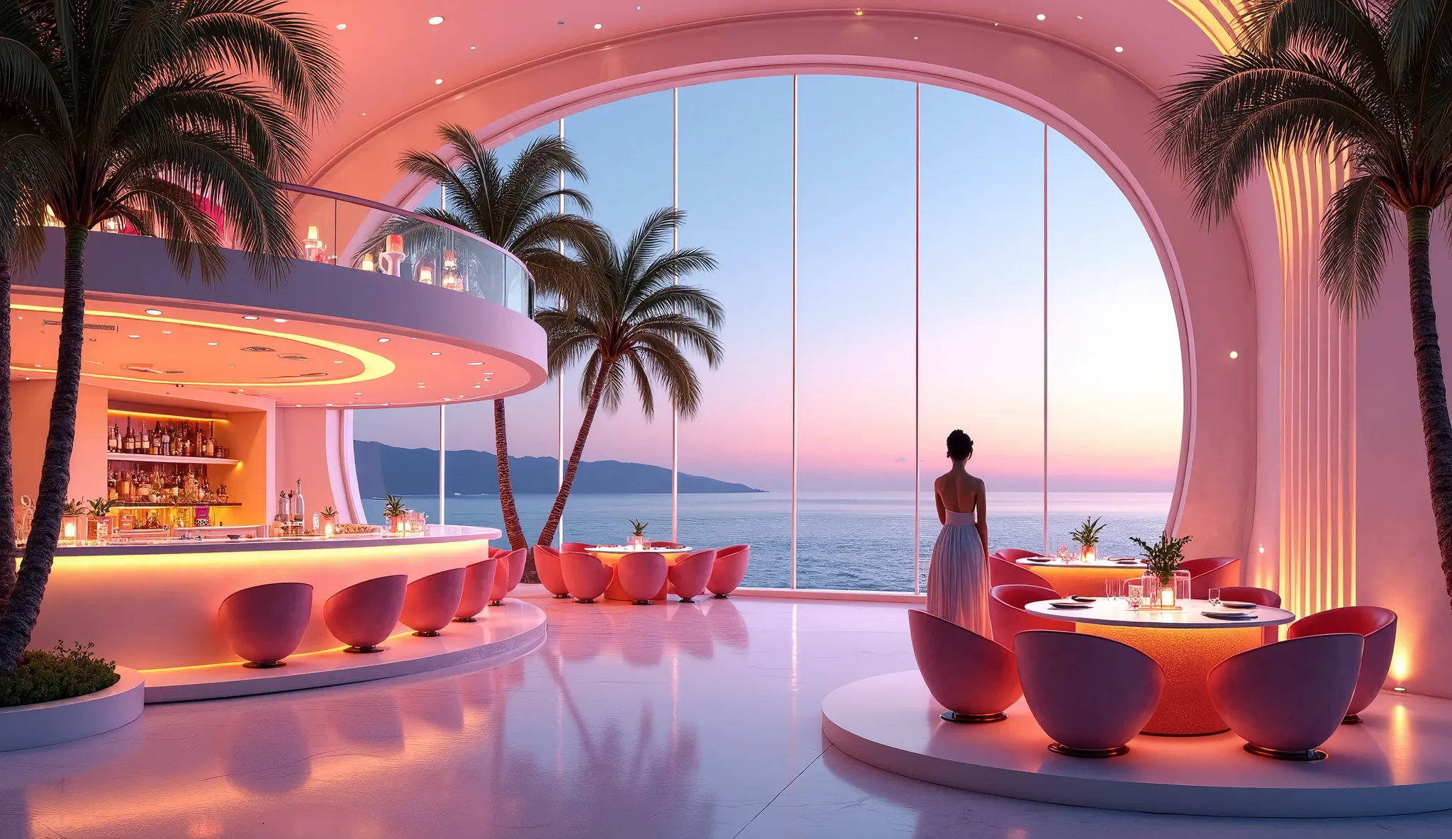 Elegant large restaurant with mezzanine in pastels colors ambience inspired by Denis Fremont, with a elegant woman in first plan,Denis Fremont masterpiece, in style of retro futurism, at night with with bayside and palms