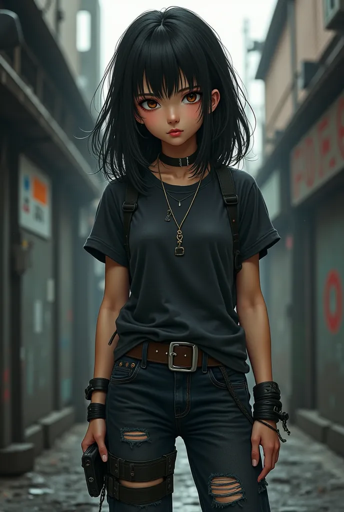 A girl with medium long hair color black with brown eyes and De tes morena anime style manga in dark grunge clothing