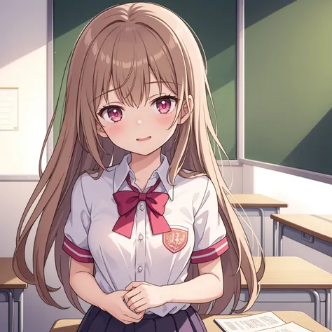 1 girl, alone, light brown hair, long hair,Ahogge, Pink Eyes ,bulge, small breasts,Head Tilt ,masturbation_pass_ clothes ,Instructor_ school _uniform,ตู้clothes_ errors , classroom,upper body,