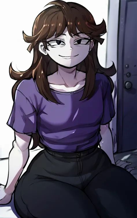  score_9, score_8_arriba, score_7_arriba BREAK jaidenSDXL,1 girl, long hair,brown hair, black eyes,shirt, neckline , collarbone,short sleeves, pants,black  pants,white skin,purple shirt,cowboy shot, room, room background,sitting,seductive smile,  voluptuou...