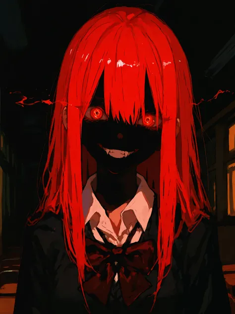 (best quality), best resolution, polished, detailed, darkness, school, 1girl, school uniform, crazy, beautiful girl, lewd smile, fangs, small breasts, crimson hair, long hair, (messy hair:0.6), crimson eyes, glowing eyes, (detailed eyes), 4k, best quality ...