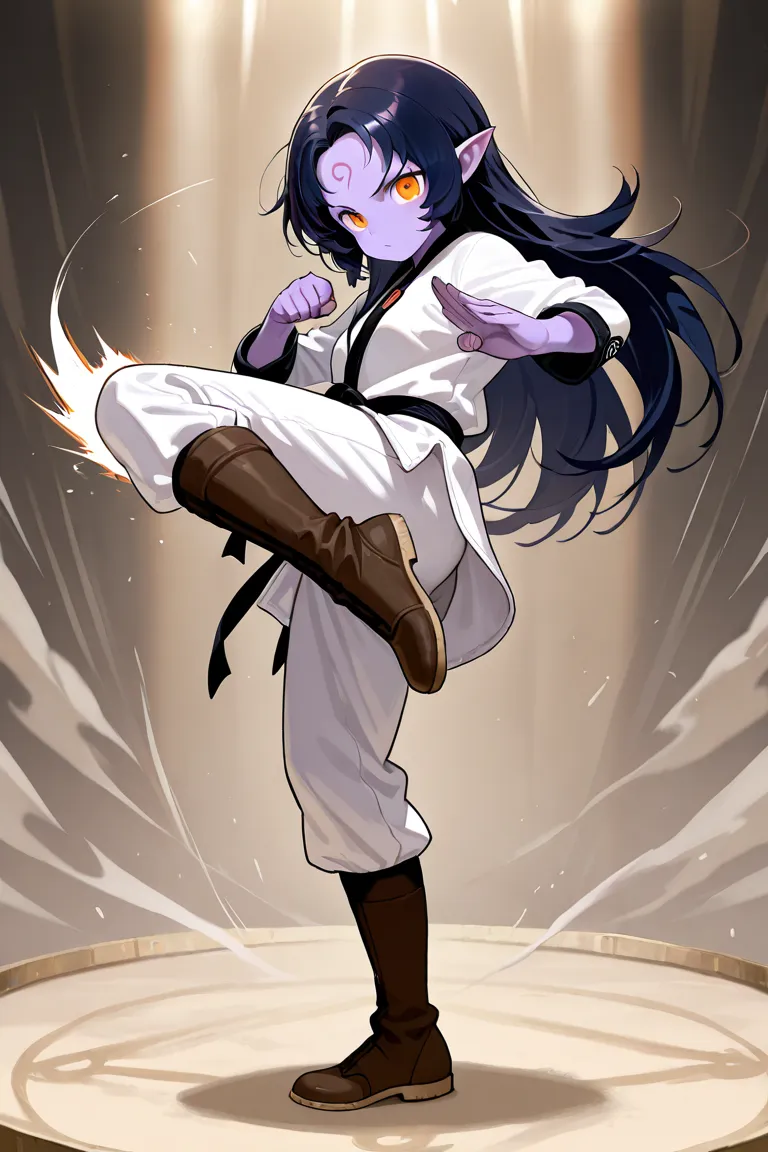 female, pointy ears, purple skin, martial arts gi, circus symbol, dark brown boots, long dark blue shaggy hair, big forehead, orange eyes, solo, combat pose, kicking pose