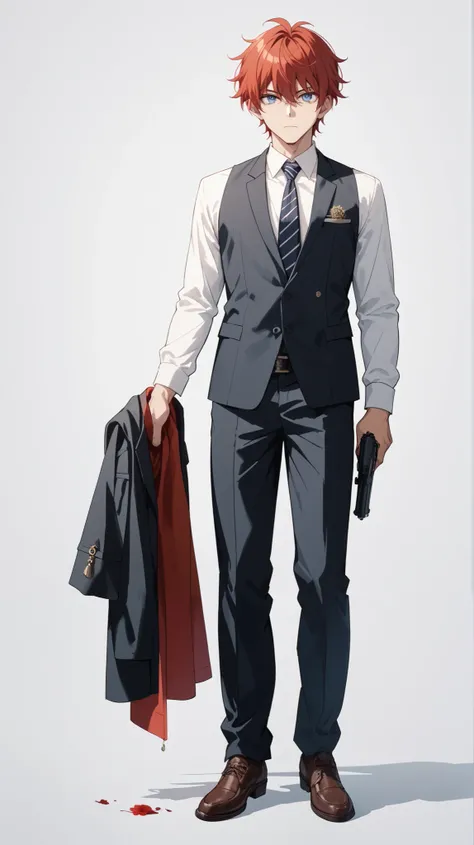  Sanpaku, 25years old, man, suit, White background, illustration, full body, wide shot, front view, middle aged,  standing,  stylish pose, looking at viewer, Red hair, blue eyes、spy、bangs to hide one eye、Thief、Investigator、grinning、slender、black cool suit、...