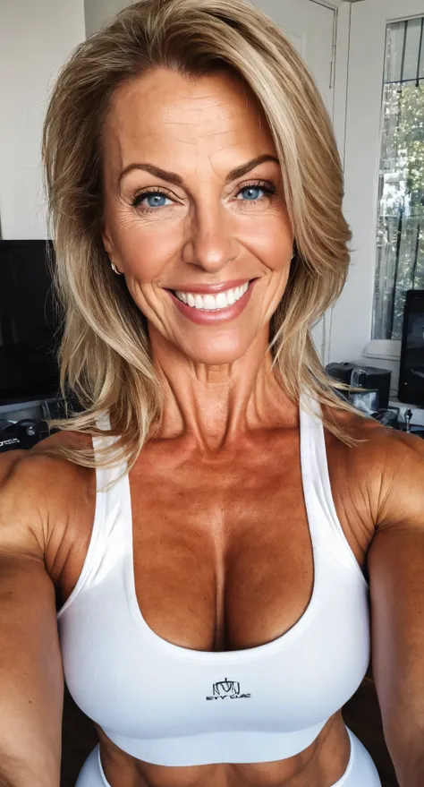 Sexy 52 year old white Italian woman body builder former porn star  that has massively huge perfectly round   perfect even perfect breasts, wearing a beautiful white  top with lots of even clevage and she is wearing tight white yoga leggings  with black gy...