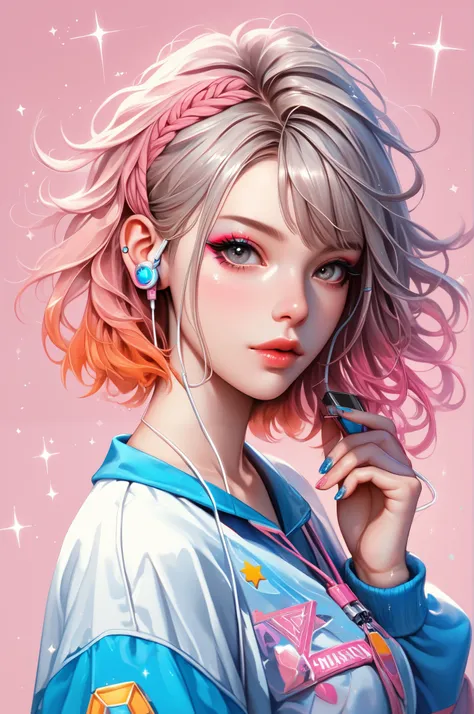 masterpiece, best quality, 1girl, solo, looking at viewer, short hair, long sleeves, jewelry, pink hair, multicolored hair, artist name, medium hair, star (symbol), nail polish, orange hair, lips, grey eyes, sparkle, gradient hair, makeup, pink background,...