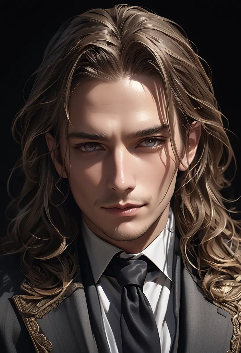 garpard uliel, dark brown shoulder length hair, sensual smile, gray eyes, wearing a well-tailored elegant suit, intricate details, realistic portrait, cinematic lighting, high contrast, dramatic shadows, warm color tones, photorealistic, award winning digi...