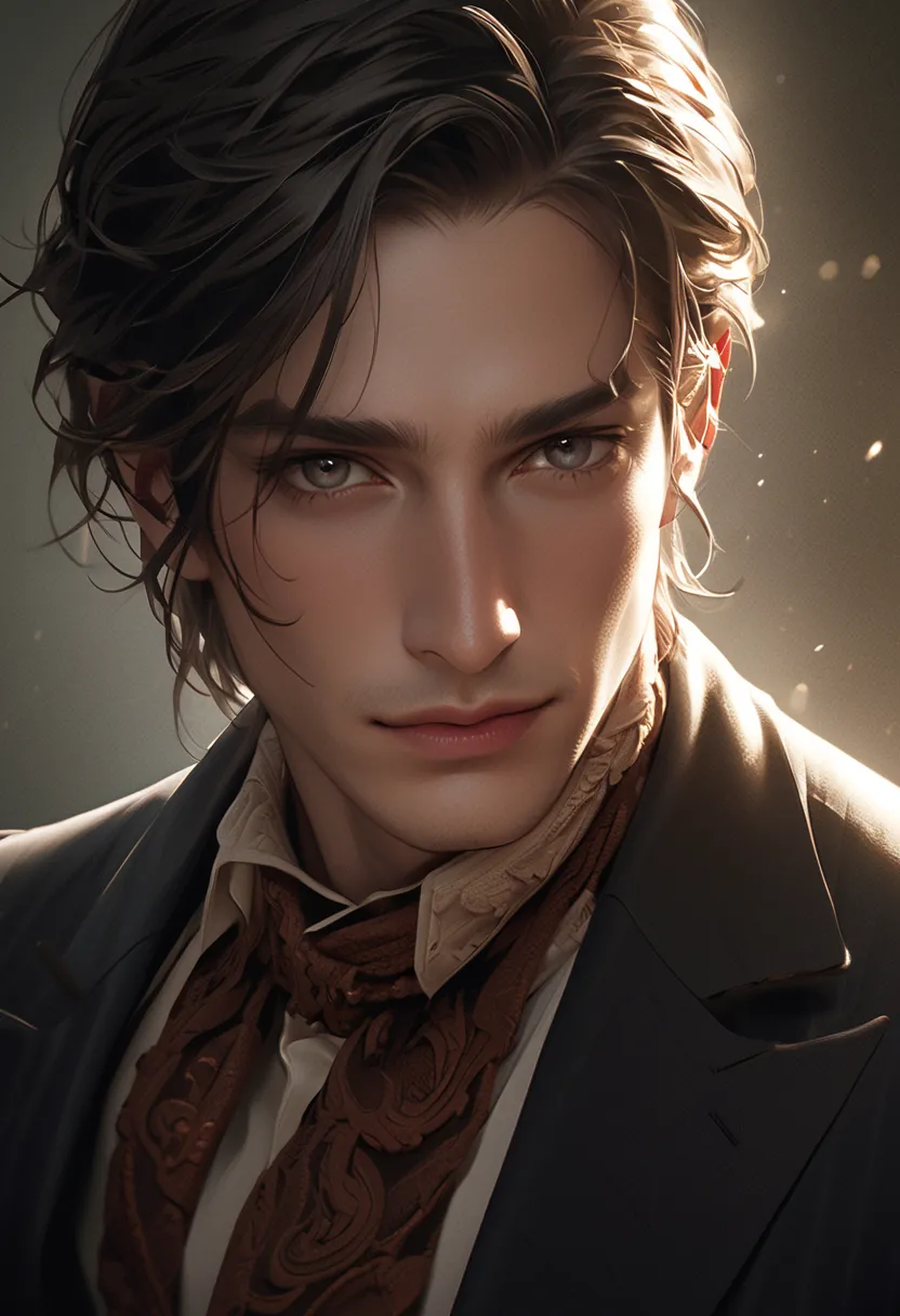 garpard uliel, dark brown shoulder length hair, sensual smile, gray eyes, wearing a well-tailored elegant suit, intricate details, realistic portrait, cinematic lighting, high contrast, dramatic shadows, warm color tones, photorealistic, award winning digi...