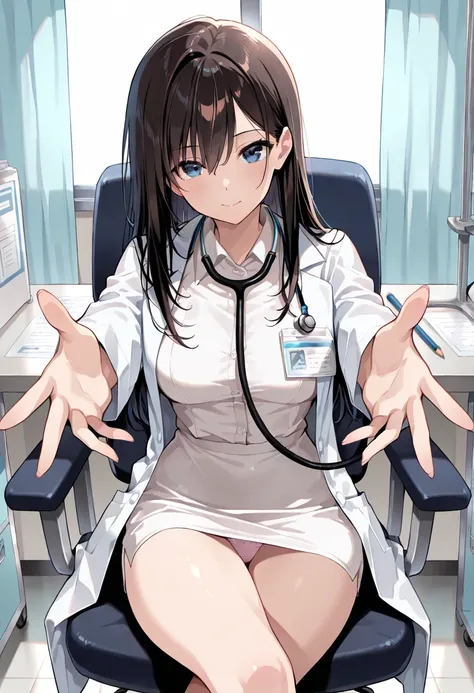 ((masterpiece, best quality, ultra detailed, high resolution, beautiful detailed face, beautiful detailed eyes, perfect hands, 4K)), (1 woman, solo), (medium breasts), (black long hair), (woman doctor, lab coat, white dress shirt, pencil skirt), stethoscop...