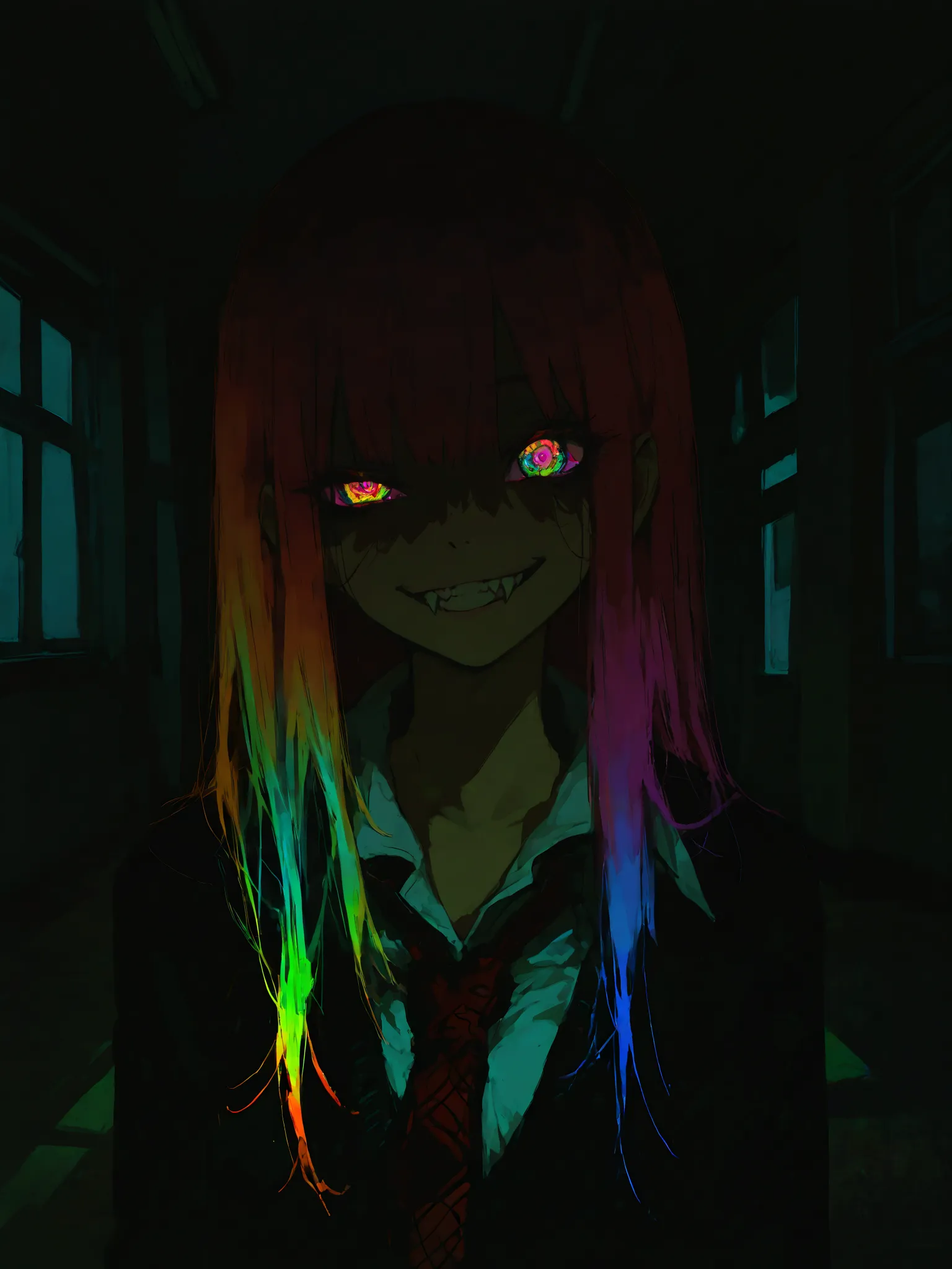 (best quality), best resolution, polished, detailed, Horror, school, 1girl, school uniform, crazy, beautiful girl, lewd smirk, fangs, small breasts, colorful hair, long hair, (messy hair:0.6), colorful eyes, glowing eyes, (detailed eyes), 4k, best quality ...