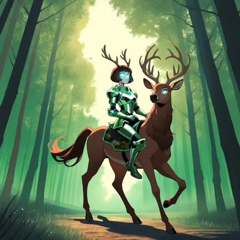 Mathilda, Cybernetic white female centaur, Bob cut Dark Brown Hair, wearing Green Camouflage Super Heavy Plated Armor, Deer Antlers on Head, iridescent White glowing glass eyes, galloping in a verdant green forest, During the Day, Sun High in the sky, bird...