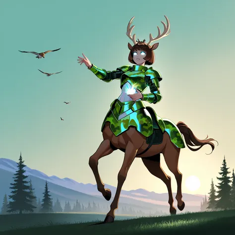 Mathilda, Cybernetic white female centaur, Bob cut Dark Brown Hair, wearing Green Camouflage Super Heavy Plated Armor, Deer Antlers on Head, iridescent White glowing glass eyes, galloping in a verdant green forest, During the Day, Sun High in the sky, bird...