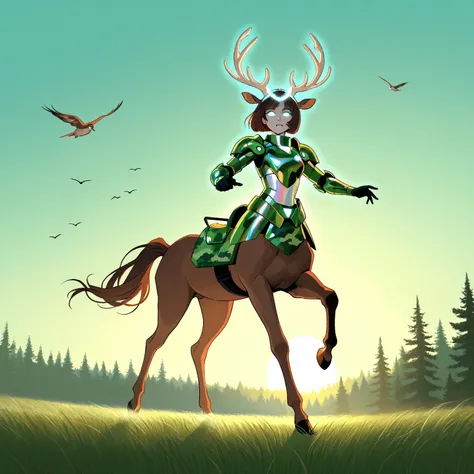 Mathilda, Cybernetic white female centaur, Bob cut Dark Brown Hair, wearing Green Camouflage Super Heavy Plated Armor, Deer Antlers on Head, iridescent White glowing glass eyes, galloping in a verdant green forest, During the Day, Sun High in the sky, bird...