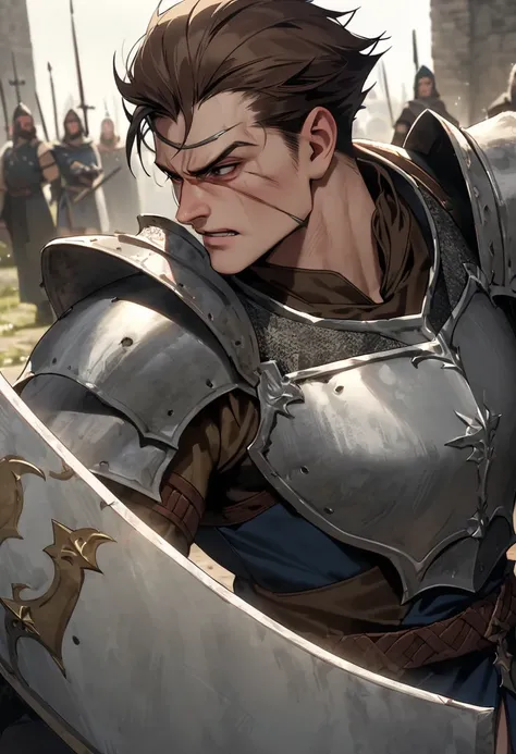 Medieval fantasy, (Man with brown hair) et tres court, athletic, warrior armour, muscle, (torse nu), épée et boucliers, Sword training, face au spectateur,behind shield, blessure,traspiration solo, Sword drawn 