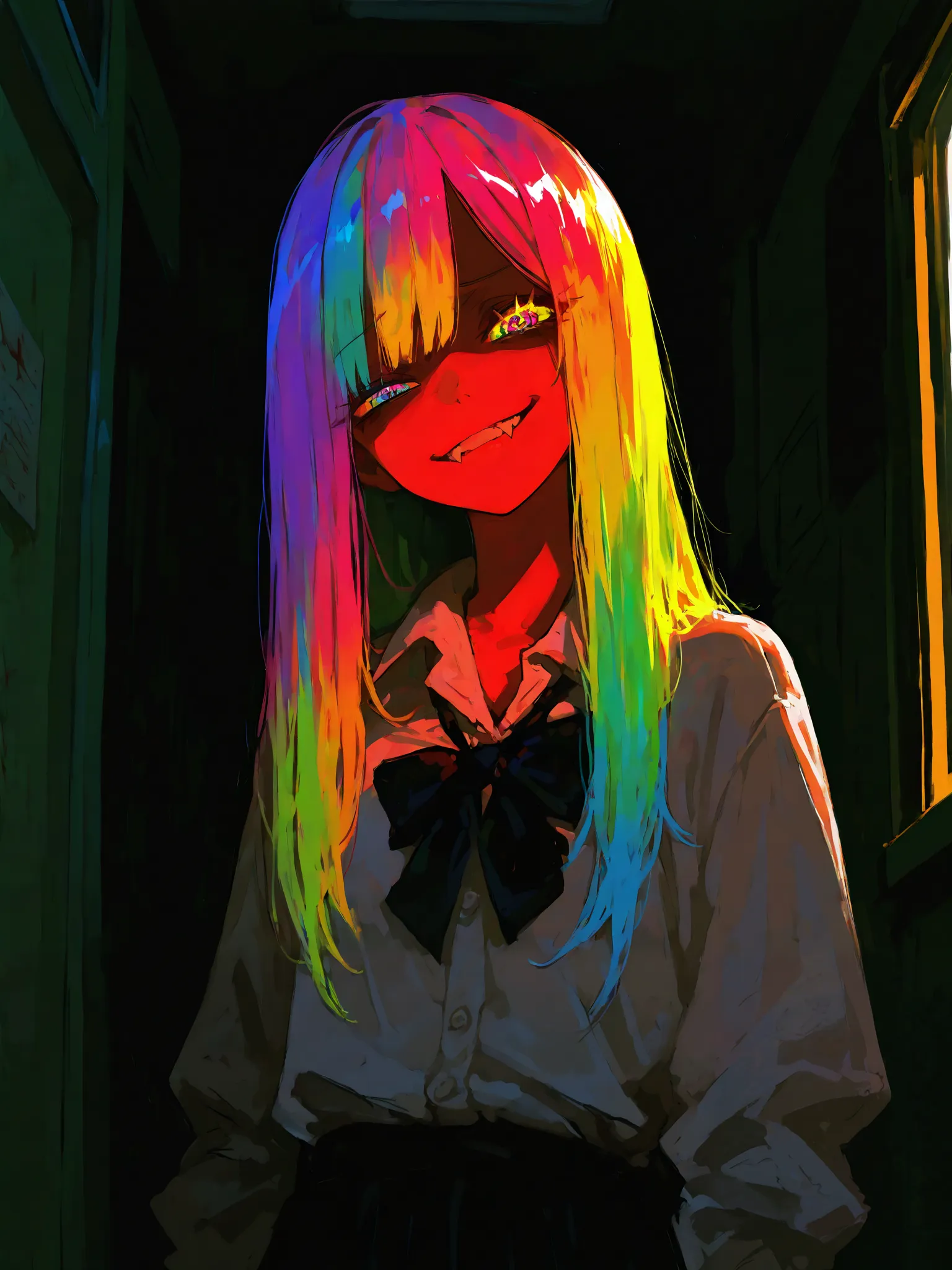 (best quality), best resolution, polished, detailed, Horror, school, 1girl, school uniform, crazy, beautiful girl, lewd smirk, fangs, small breasts, colorful hair, long hair, (messy hair:0.6), colorful eyes, glowing eyes, (detailed eyes), 4k, best quality ...