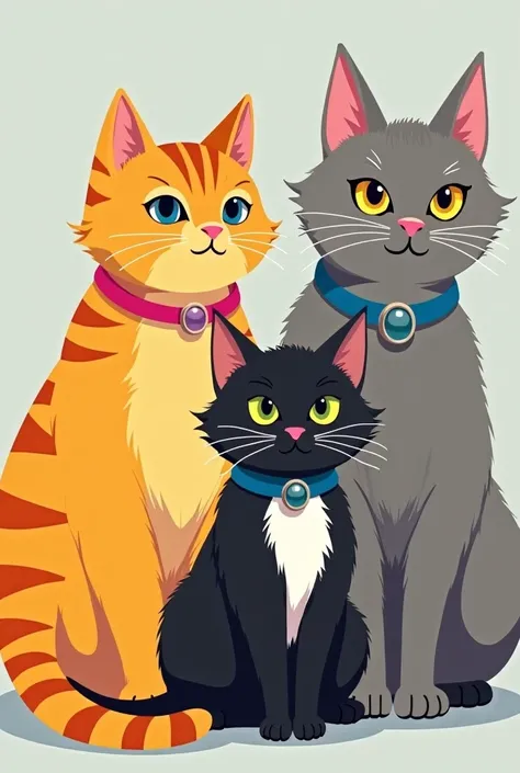 Group of Cats a yellow one with orange stripes on the back with gray eyes and a fat one with a pink collar, a black-backed and white-bellied cat with yellow eyes blue collar, And a gray hairy cat with green eyes purple necklace