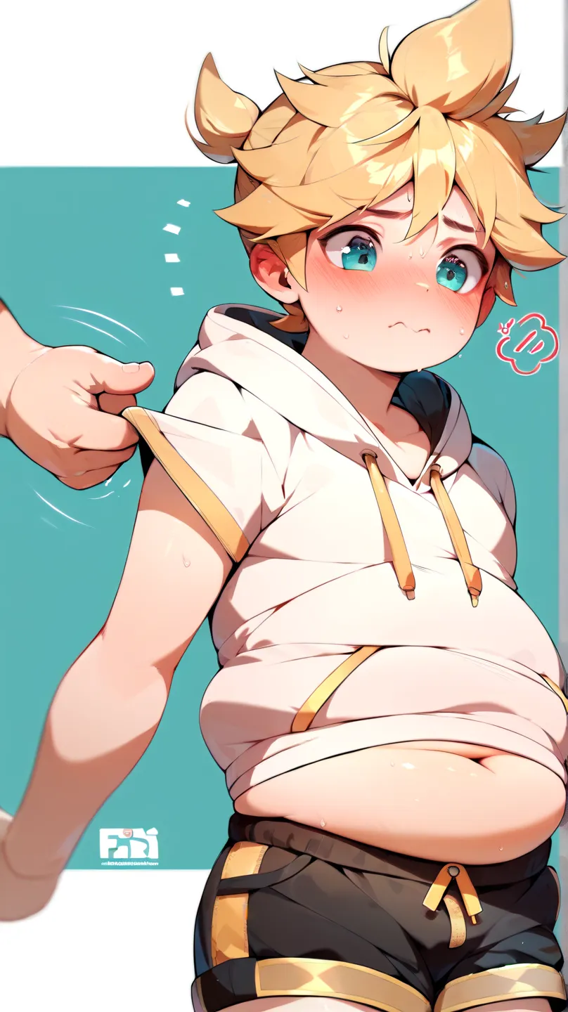 1 boy, (male ), Kagamine Len, cute, fat, small hoodie and shorts, belly button peek out, face slightly blushed, feeling embarrassed, sweating, belly button being pointed