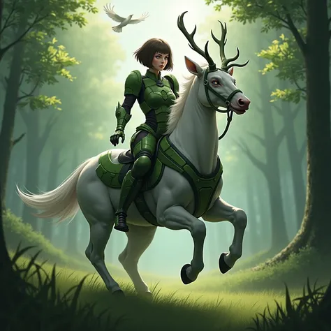 Mathilda, Cybernetic white female centaur, Bob cut Dark Brown Hair, wearing Green Camouflage Super Heavy Plated Armor, Deer Antlers on Head, iridescent White glowing glass eyes, galloping in a verdant green forest, During the Day, Sun High in the sky, bird...