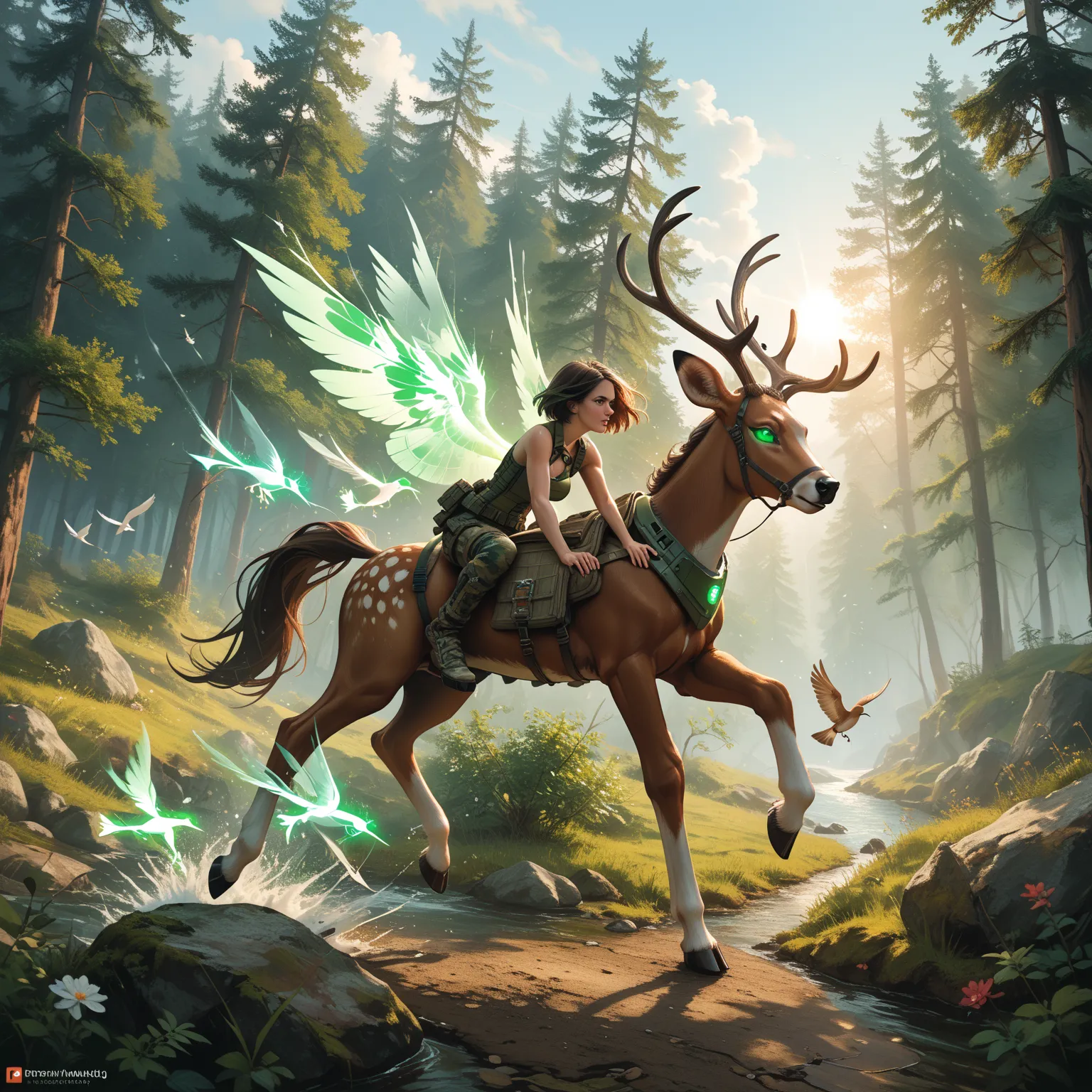 Mathilda, Cybernetic white female centaur, Bob cut Dark Brown Hair, wearing Green Camouflage Super Heavy Plated Armor, Deer Antlers on Head, iridescent White glowing glass eyes, galloping in a verdant green forest, During the Day, Sun High in the sky, bird...