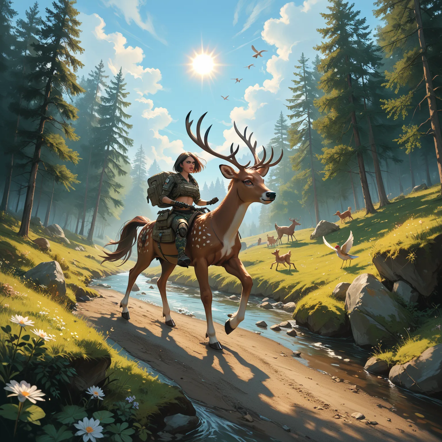 Mathilda, Cybernetic white female centaur, Bob cut Dark Brown Hair, wearing Green Camouflage Super Heavy Plated Armor, Deer Antlers on Head, iridescent White glowing glass eyes, galloping in a verdant green forest, During the Day, Sun High in the sky, bird...