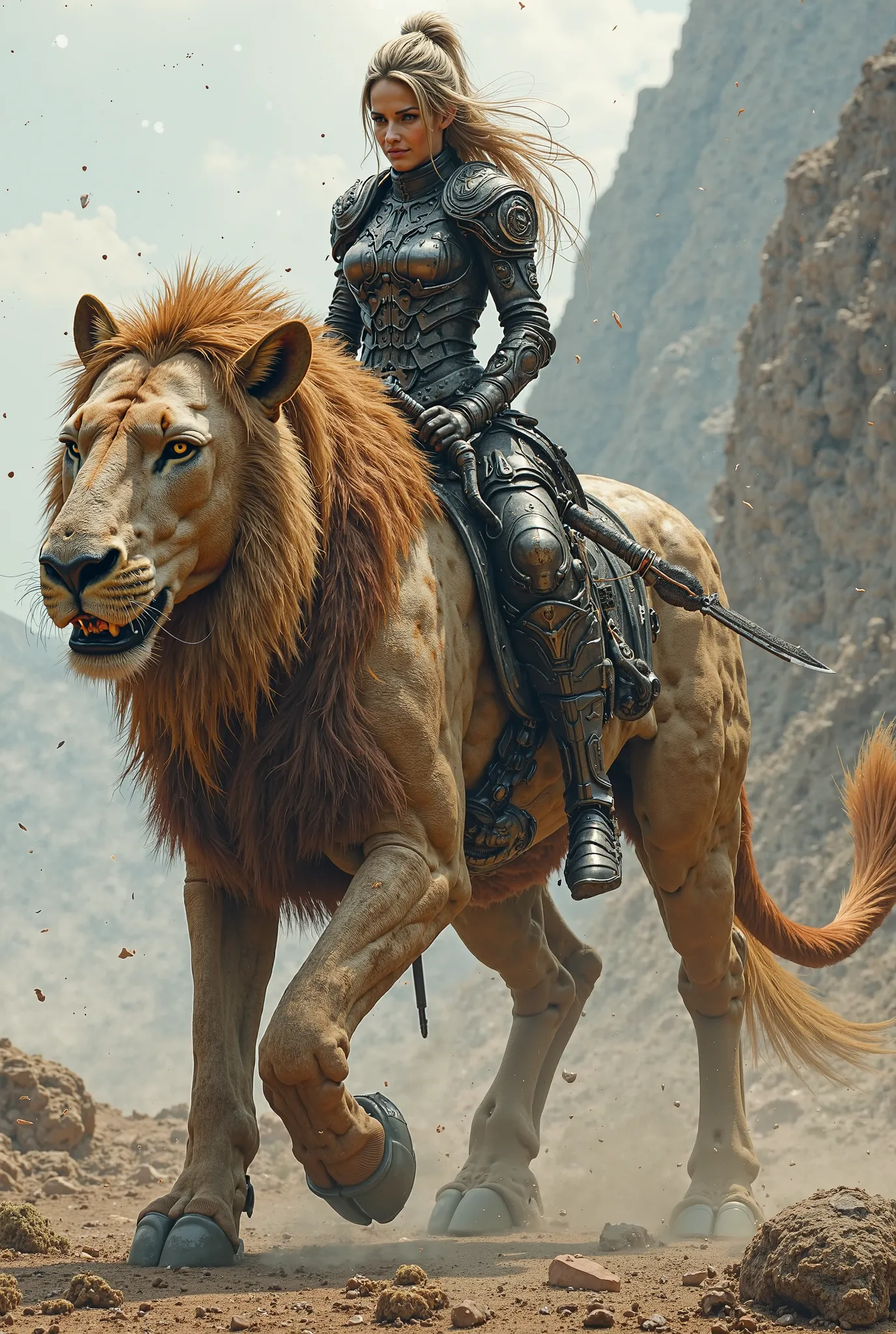 mutant horse and lion. thread, A female warrior is riding on it