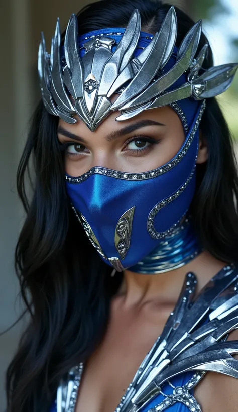  Gal Gadot as Kitana :
Kitana's classic costume, with metallic details in blue and silver, but with a more modern and refined feel.
combat mask, with geometric details that highlight its real origin and its strength in combat.
Fans of blades shining, ready...