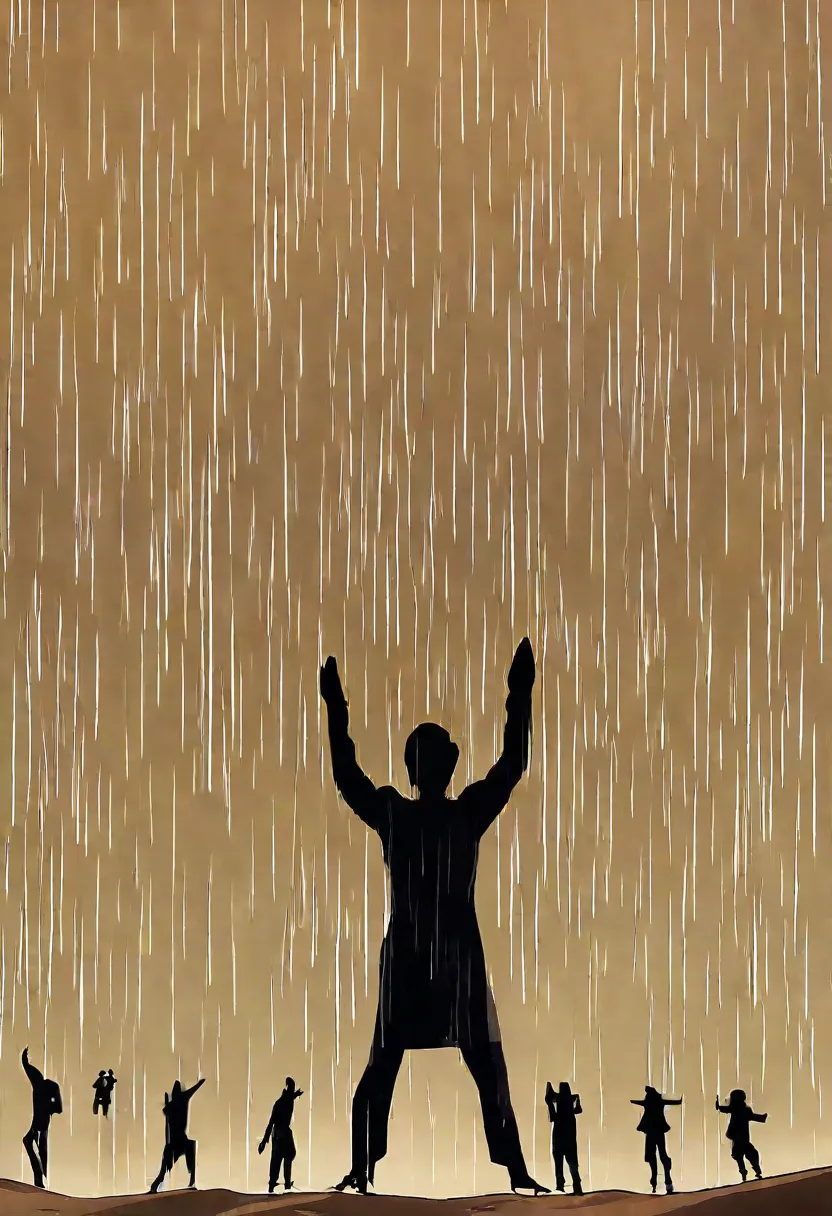 The Great Desert、heavy rain、Silhouettes of Desert People、Dancing Desert People、People in the desert praying for rain、Silhouette of a camel、from below