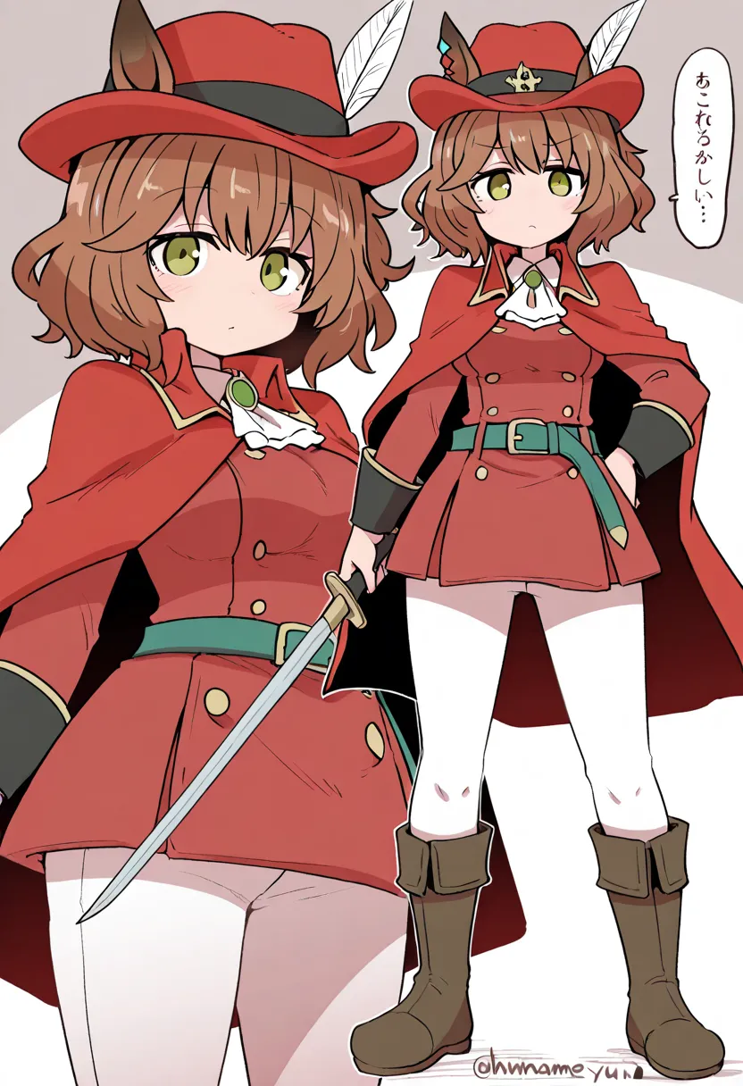 masterpiece ,1girl , Aston Machan \(umamusume\) , alternate costume , cosplay red mage \(final fantasy\) , red fedora , hat feather , red cloak , red tunic , white pants , brown boots , green belt , holding saber , artist:{hanomido , ikkyuu , eromame , sum...