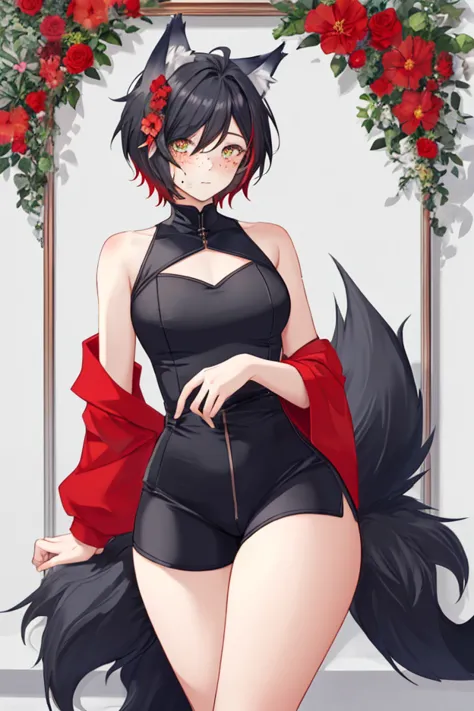 Cute, delicate, curvy male, short hair with wolf ears, sexy black outfit with red flower details, wolf tail, bare thighs,  wide eyes, freckles, male