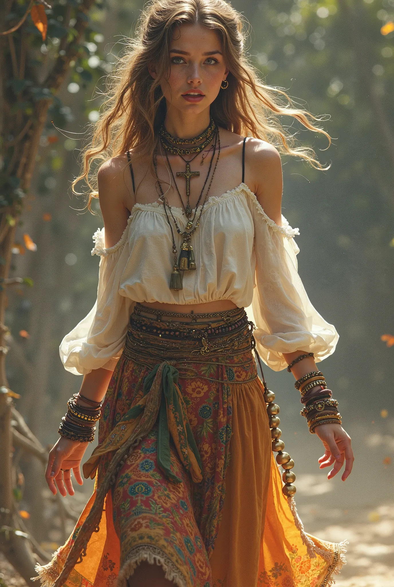  gypsy girl with wavy light brown hair. Short stature She wears a white off-the-shoulder blouse and a crucifix necklace, Long skirt with print and bells on the edges. She wears many bracelets on her left hand and bracelets with bells on her right ankle., O...