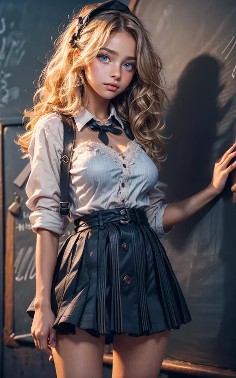 19yo student, detailed wavy layered blonde hair with bright pink highlights, hair curls, hair brushed to one side, perky (extremely large natural breasts:1.2) , pleated blue plaid skirt, lovely face, stretched light white shirt, buttons fastened, white sto...