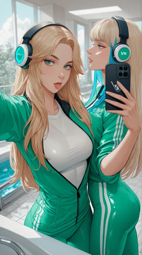 blonde woman in a green suit taking a selfie with a cell phone, with long neon red and bluehair, inspired by vr game Beat Saber, dasha taran, russian girlfriend, 👅 👅, one blonde and one brunette, two girls, with long hair, profile pic, style of julia razum...