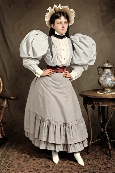 coquettish 12yo girl in the 1890s wearing a high-collar dress with long puff sleeves, waistband, strawboater hat, ankle-high skirt emphasizing her large ass, petticoats, dark silk stockings, white button-up ankle boots. revealing her petticoats and crotch....