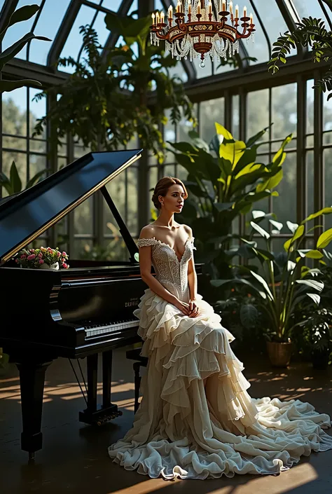 The woman looks at the camera . She is wearing a long, translucent, sequined, white dress. She's sitting on a black piano in the conservatory. Tiered crystal chandeliers with burning candles hang from the ceiling of the greenhouse. Numerous plants grow fro...